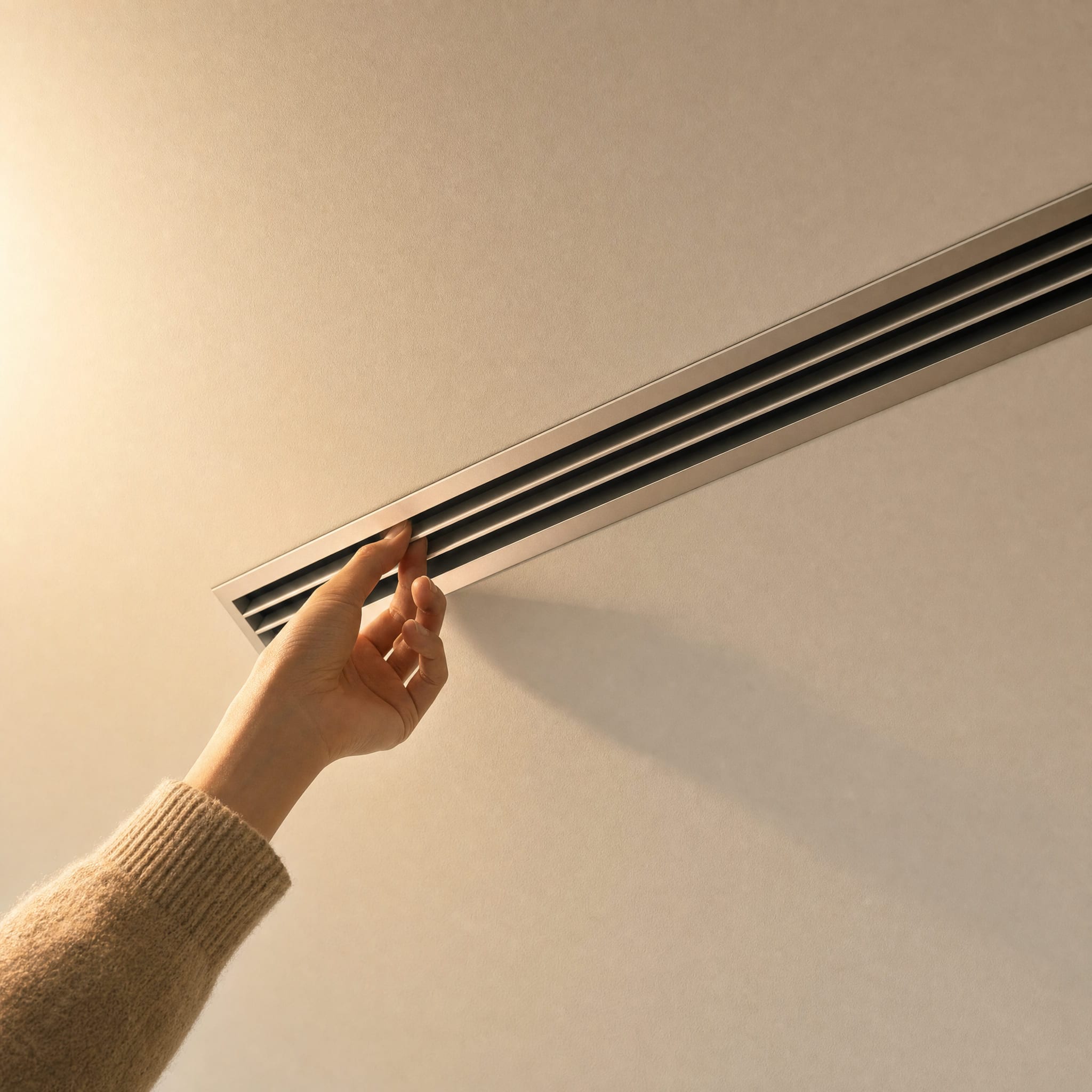 A hand held to a slim linear air diffuser recessed into a plaster wall.
