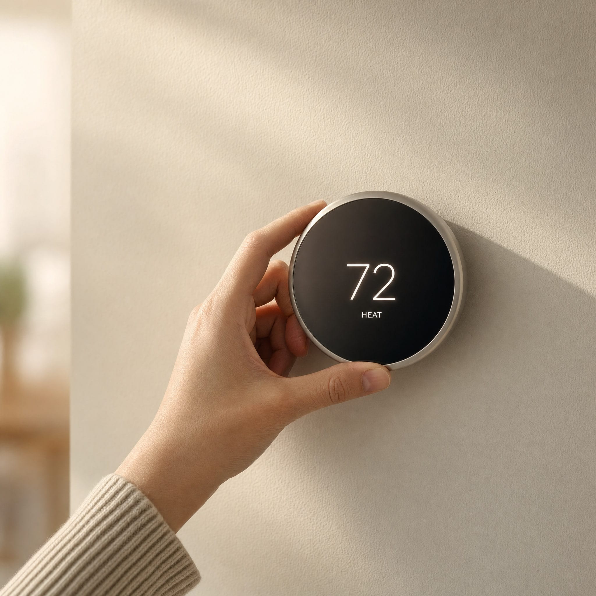 A hand adjusting a wall-mounted smart thermostat reading 72 degrees.