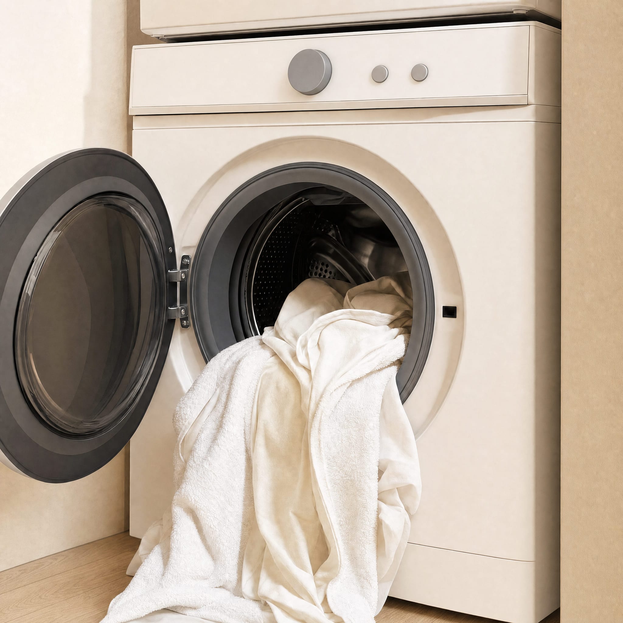 An open front-loading washer stacked under a dryer, linens at the door.